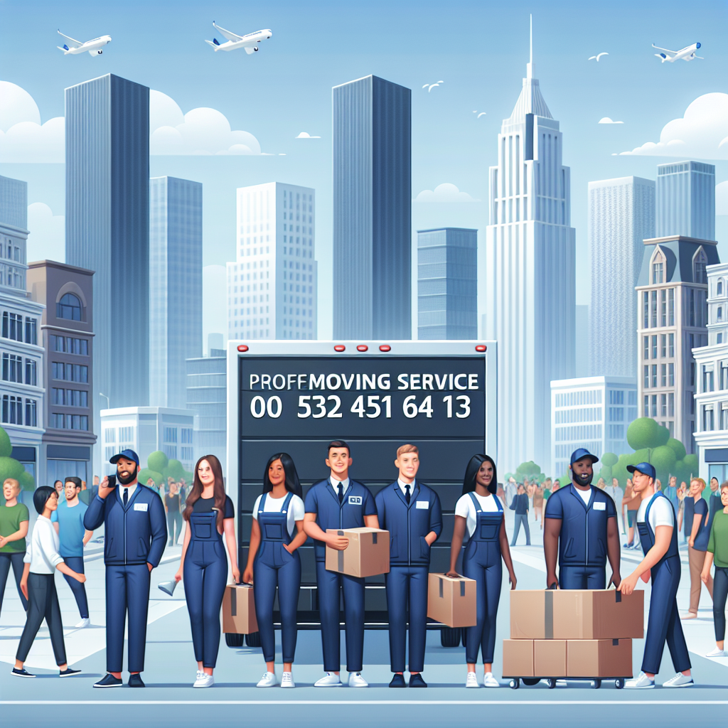 Professional Mersin corporate home moving team with phone number 0 532 451 64 13, city skyline in background.