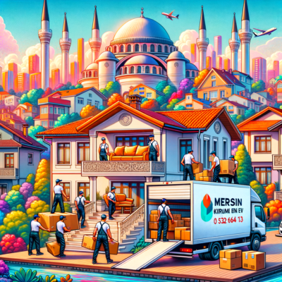 Colorful illustration of movers transporting furniture with Mersin cityscape and mosque in the background.
