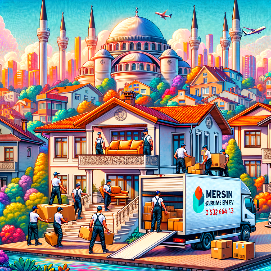 Colorful illustration of movers transporting furniture with Mersin cityscape and mosque in the background.